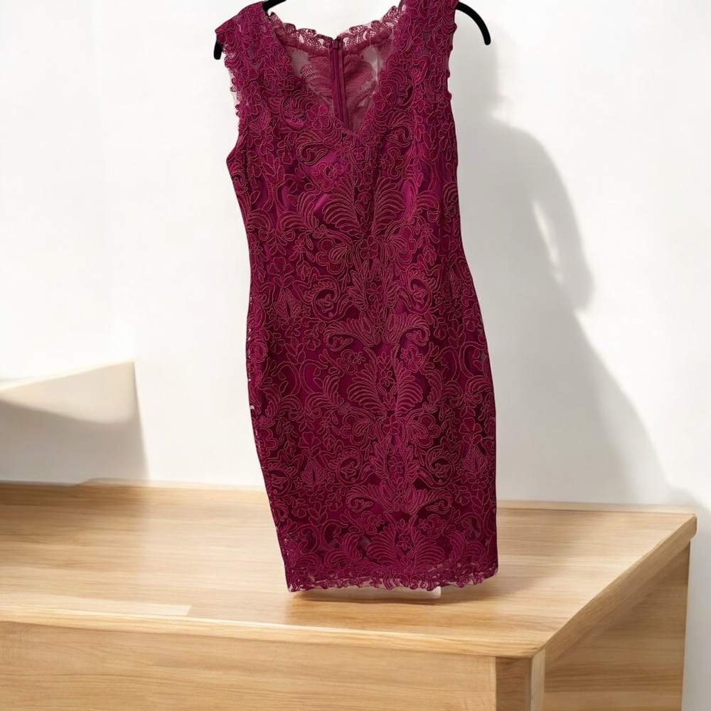 Tadashi Shoji Pink Lace Dress Size 4 Lined Midi V Neck Sleeveless
